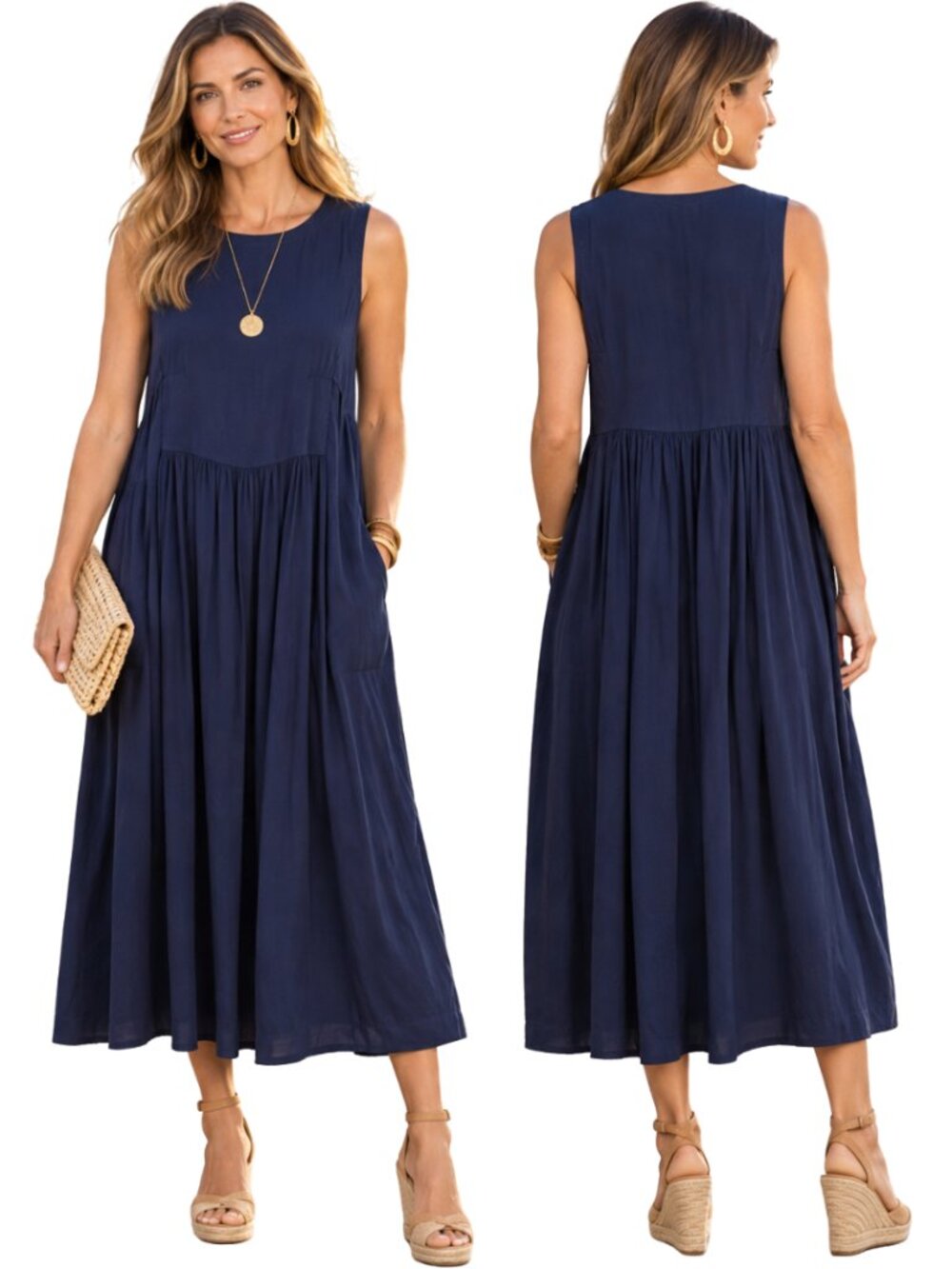 Toast Sleeveless Flowy Midi Dress Women's 14 Navy Blue Minimalist Lagenlook Chic